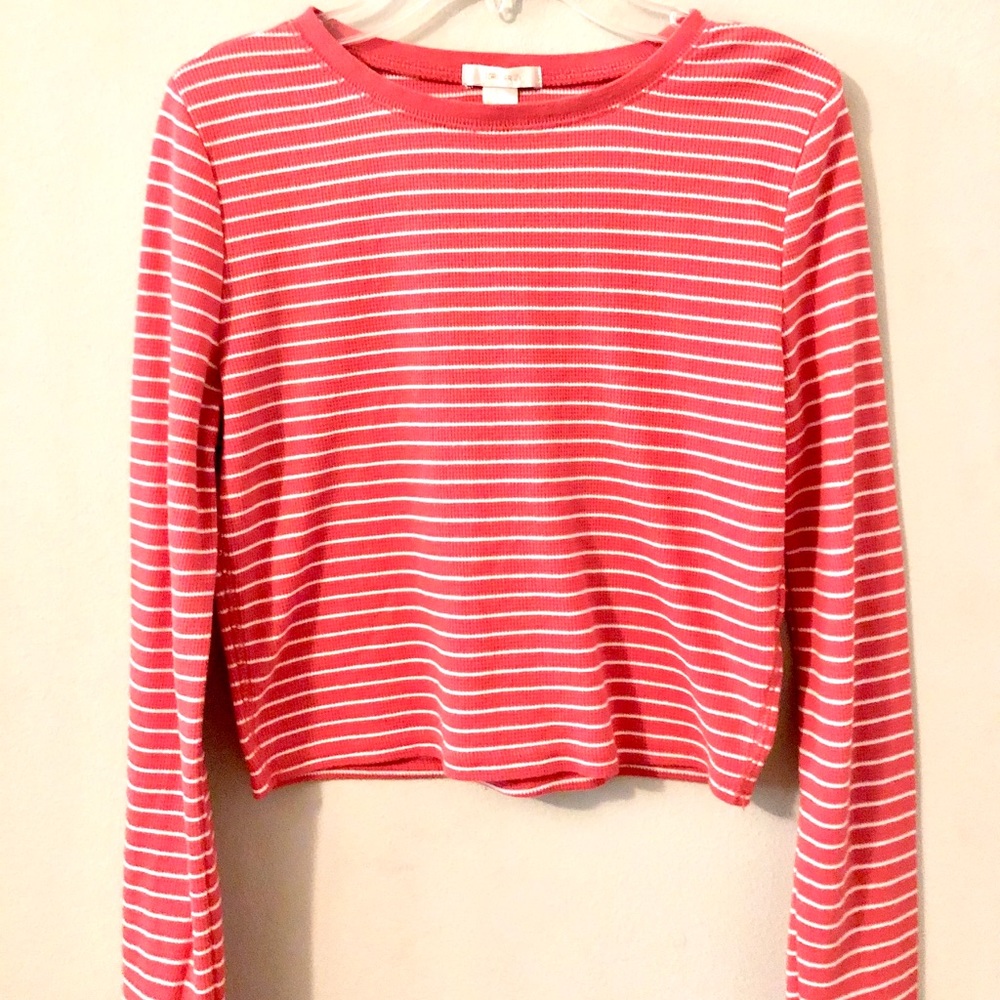Coral striped long sleeve crop top